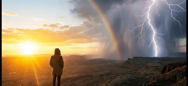 Person on a cliff overlooking a sunset, double rainbow, and lightning storm.