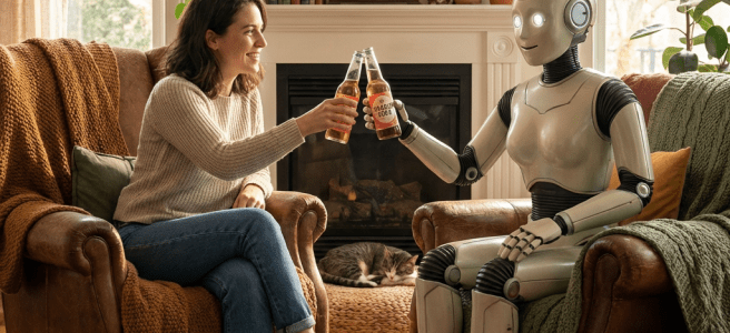 A woman and a white humanoid robot clinking glass bottles together in a cozy living room.