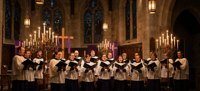 Choir in purple and white robes singing in a candlelit gothic church with stained glass.
