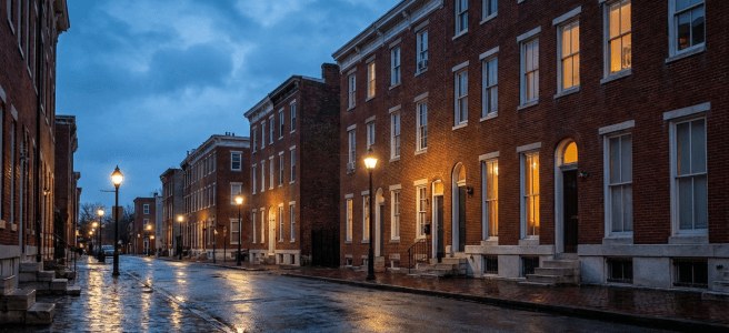 A wet city street at twilight lined with red brick rowhouses and glowing streetlights.