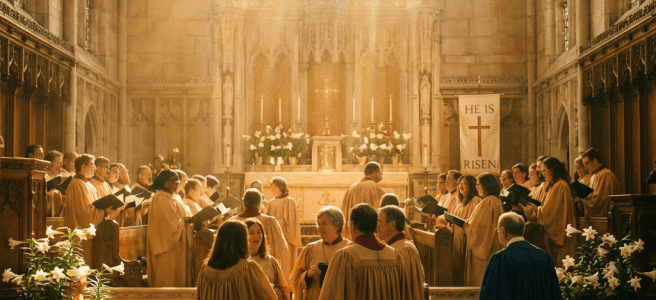 Church choir in robes singing in a cathedral with sunlight rays from stained glass.