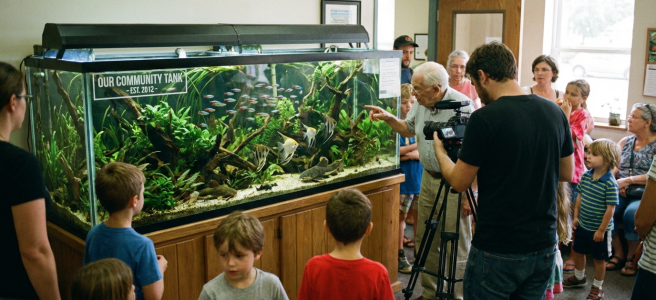 People gather around a large planted aquarium labeled Our Community Tank Est 2012.