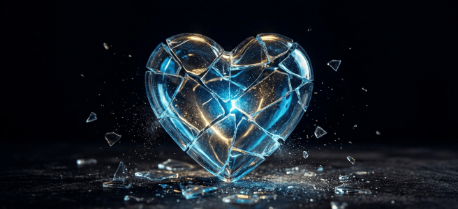 A shattered glass heart glows with blue and gold light against a dark background.
