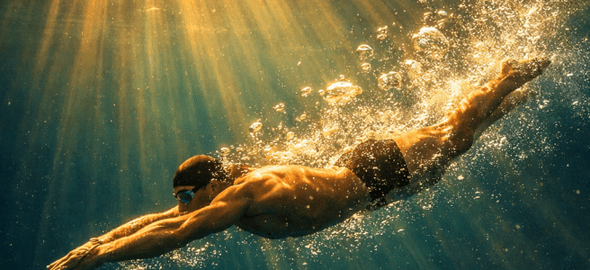 Swimmer diving underwater with sun rays penetrating the water