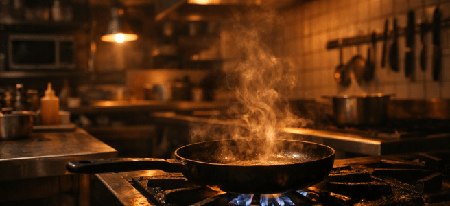 Frying pan on gas burner with steam rising in a professional kitchen