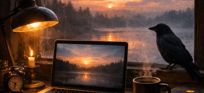 Workspace with laptop displaying sunset, steaming coffee cup, desk lamp, candle, glasses, books, pen, and a crow on window sill