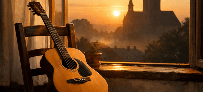 Acoustic guitar on wooden chair near open window with sunrise and church silhouette outside