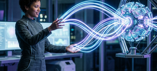 Scientist in a lab manipulating glowing energy streams connected to a futuristic device