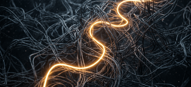 Glowing yellow light thread winding through a network of dark tangled fibers
