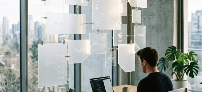 Man typing on a laptop at a desk with digital workflow and planning visuals floating