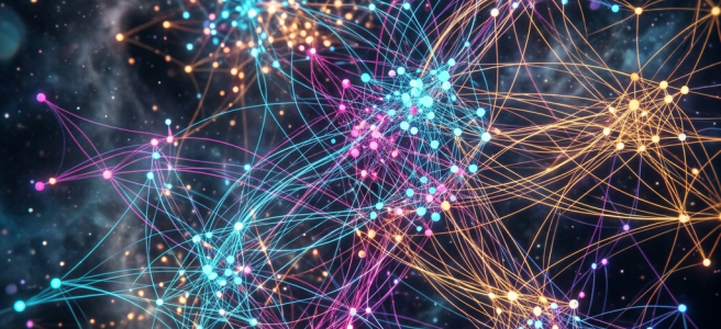 Brightly colored network nodes connected by lines in an abstract pattern