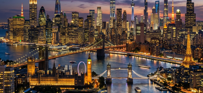 Composite city skyline featuring landmarks like Empire State Building, Shard, Burj Khalifa, Big Ben, Tower Bridge, and Eiffel Tower at dusk.