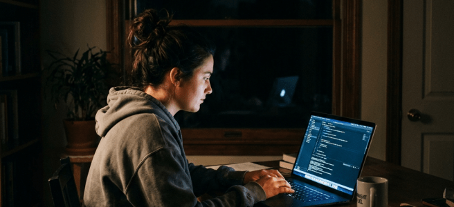 Person typing on a laptop displaying code at a dimly lit desk