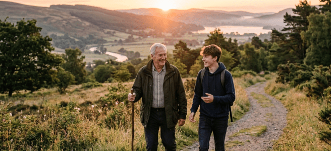 Older man with walking stick and teenage boy walking on a rural path at sunset