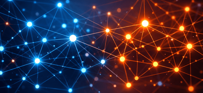 Blue and orange connected nodes linked by lines forming a digital network pattern