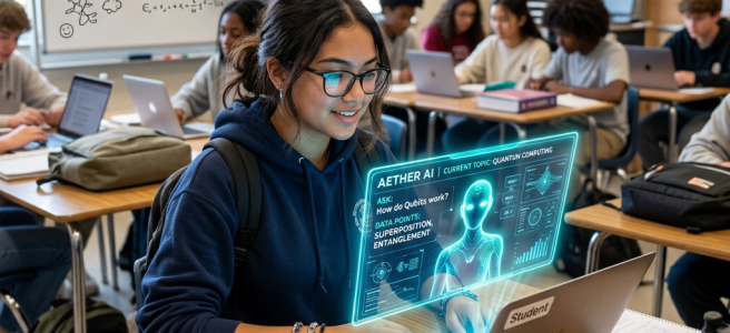 Student in classroom using laptop with AI quantum computing interface