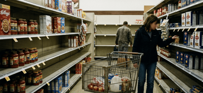 Shopper selecting pasta from shelves with limited stock in grocery aisle