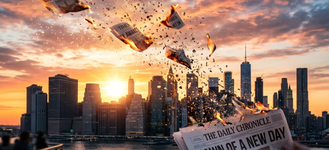 Newspaper with headline 'Dawn of a New Day' burning and flying apart over city skyline at sunset