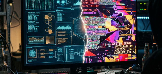 Computer screen split between technical data and vibrant corrupted system error messages