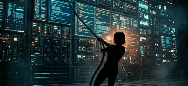 Silhouette of person pulling rope in front of large illuminated control panels with digital displays.