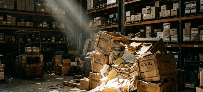 Warehouse with wooden crates labeled archives and files, papers scattered on floor