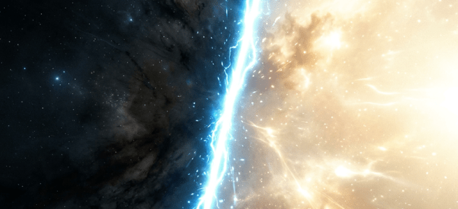 A cosmic split with bright blue lightning dividing dark space and golden light