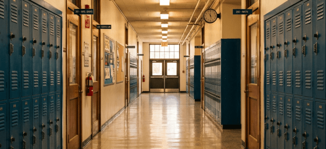 Empty school hallway with rows of blue lockers and closed classroom doors