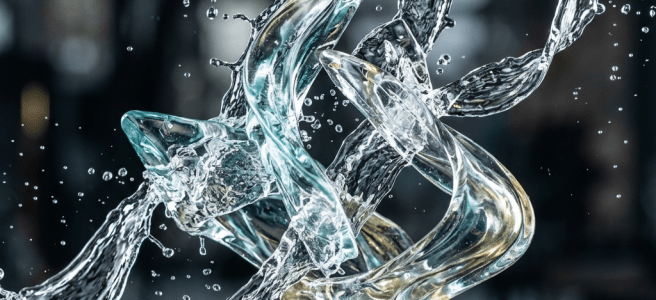 Twisting and curling water splashes frozen in motion against a dark background