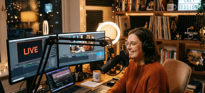 Woman with headphones speaking into a microphone during a live stream in a cozy home studio