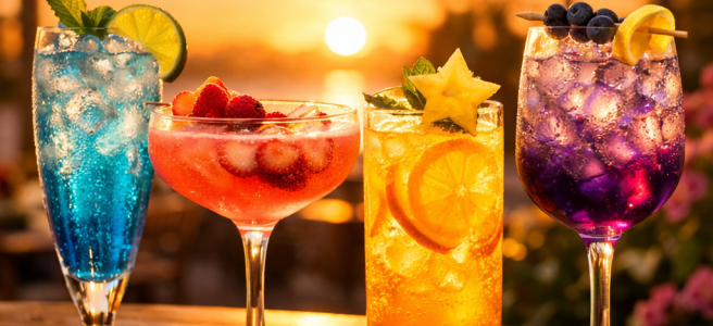 Blue, pink, orange, and purple cocktails with fruit garnishes on a wooden table at sunset