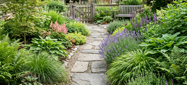 Stone pathway bordered by various green plants and flowering bushes in a garden