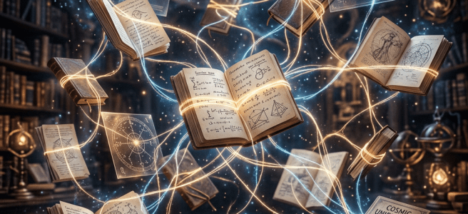 Floating books and scientific diagrams linked by glowing light strands in a library.