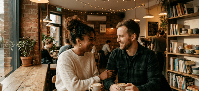Couple sitting at a wooden table in a coffee shop holding mugs and smiling at each other