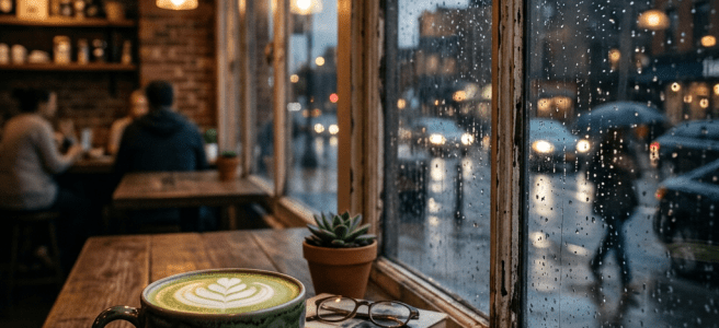 Green cup of coffee with latte art on wooden table by rain-spattered window