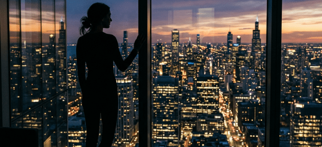 Silhouette of person looking out large window at city skyline during sunset