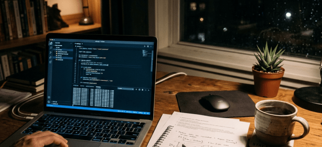 Laptop with code editor open, study notes, coffee mug, and plant on wooden desk at night