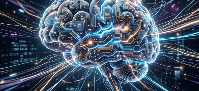 Digital human brain with glowing neural circuitry and light pathways