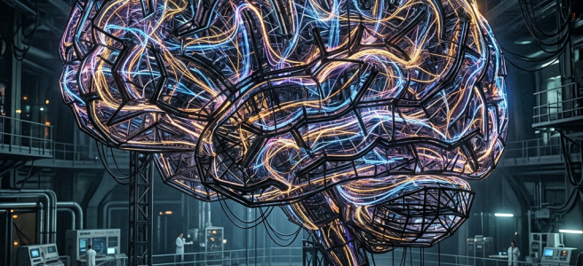 Large illuminated neural network structure suspended in advanced research lab with scientists working on computers