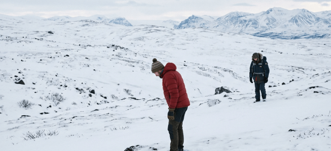 Two people walking through snow-covered terrain with mountains in the background