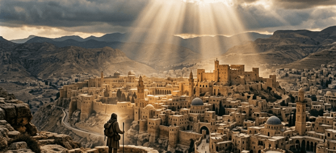 Person standing on stone pathway overlooking ancient fortress city illuminated by sunlight beams
