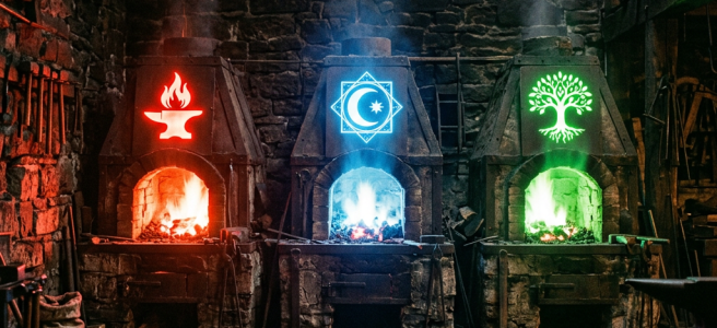 Three stone forges lit with red, blue, and green symbolic flames