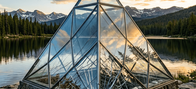 Glass pyramid sculpture with cracked panels reflecting a sunset over a mountain lake