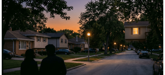 Two people walking on a suburban street at sunset with streetlights and houses
