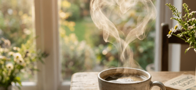 Hot coffee cup with heart-shaped steam rising