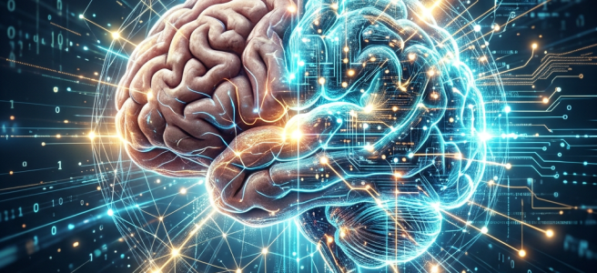 Left half human brain and right half digital neural network interconnected