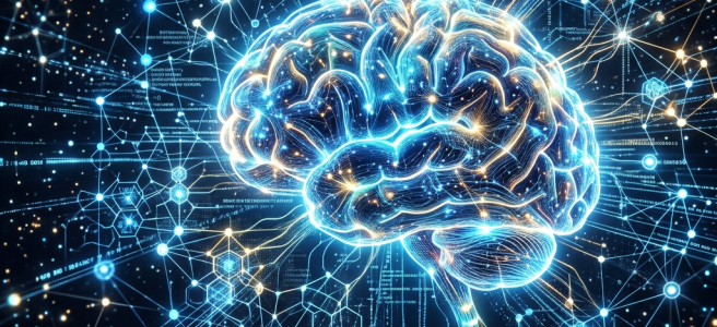 Glowing digital brain with interconnected neural network nodes and data streams