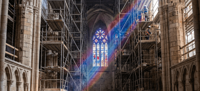 Cathedral interior under restoration with scaffolding and workers