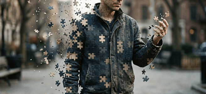 Man wearing jacket and jeans dissolving into puzzle pieces in an outdoor urban setting
