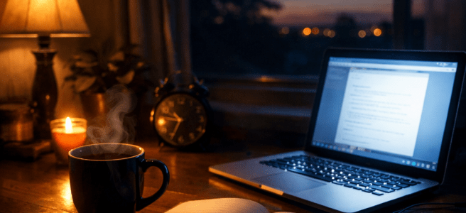 Laptop, open notebook with pen, steaming coffee cup, clock, lit lamp on wooden desk at night