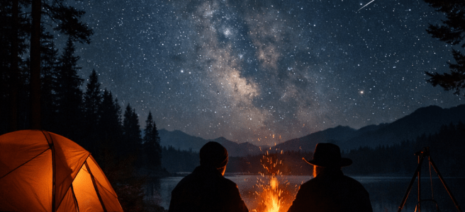 Two people sitting by a campfire at night with a tent glowing nearby and stars visible in the sky